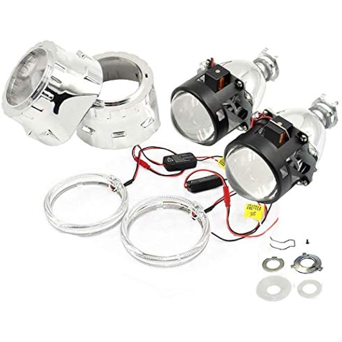 ريحني مصباح أمامي H1 مقاس 25 بوصة، عدسة عرض ثنائية زينون، شعاع HiLo، عيون ملائكية LED بيضاء، حلقات هالة، مصابيح تشغيل نهارية، أغطية كروم، قناع، مناسب لـ H1 H4 H7، سيارة، دراجة نارية - Image 3