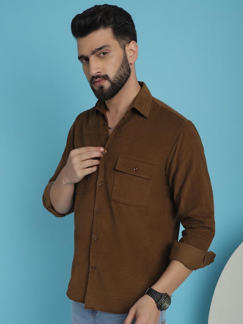 Indian Needle Men's Brown Standard Corduroy Cotton Shirt (Brown, XL) - Image 3