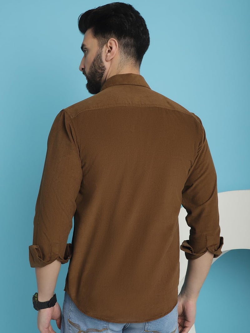 Indian Needle Men's Brown Standard Corduroy Cotton Shirt (Brown, XL) - Image 2