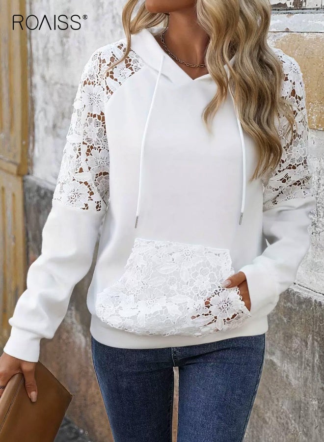 roaiss Women's Elegant Lace-Trimmed Cross Ribbed Hoodie Casual Long Sleeve Pullover with Drawstring Hoodfor Fall Winter, Stylish Layering Piece White for Ladies - Image 2