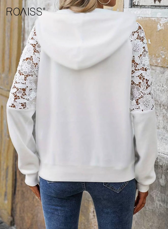 roaiss Women's Elegant Lace-Trimmed Cross Ribbed Hoodie Casual Long Sleeve Pullover with Drawstring Hoodfor Fall Winter, Stylish Layering Piece White for Ladies - Image 3