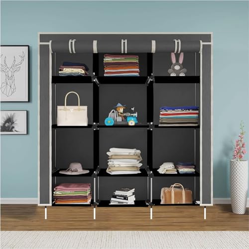 GTC 12 Shelves Collapsible Foldable Wardrobe Storage Organizer Shelves for Clothes Racks Fabric Almirah Grey 88350 - Image 3