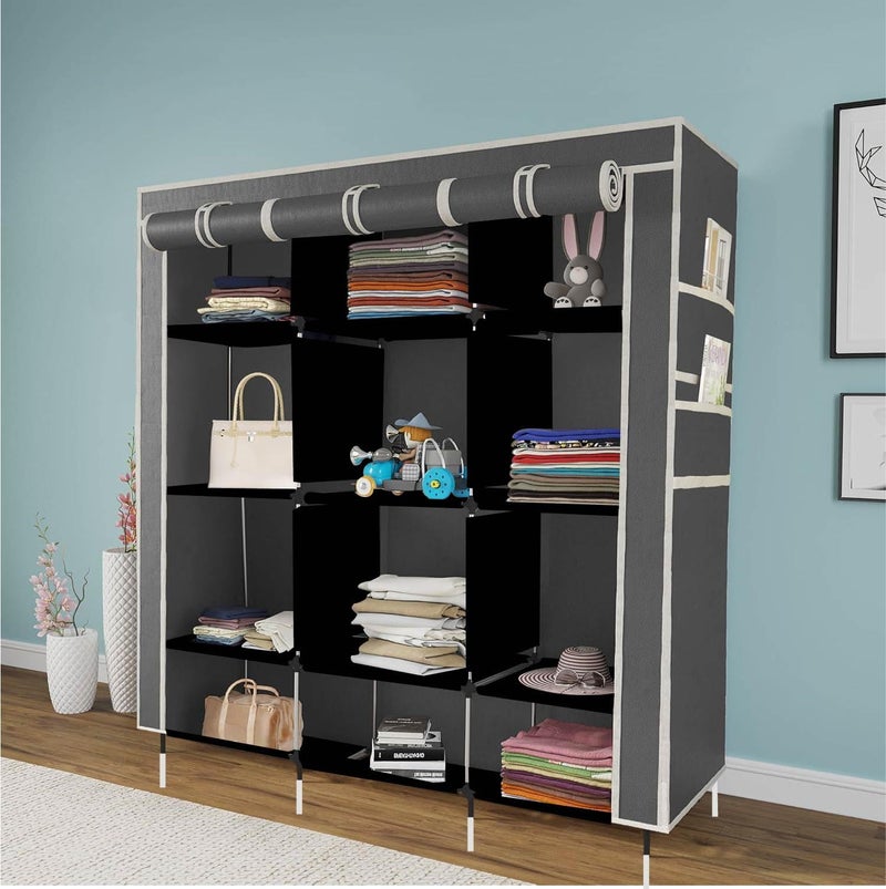 GTC 12 Shelves Collapsible Foldable Wardrobe Storage Organizer Shelves for Clothes Racks Fabric Almirah Grey 88350 - Image 1