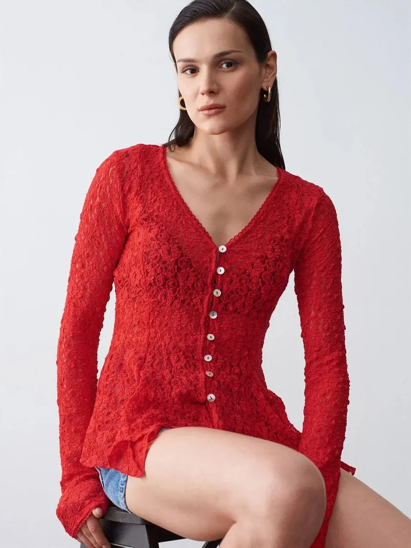 ديلفين DILVIN Lace V-Neck Button Cardigan