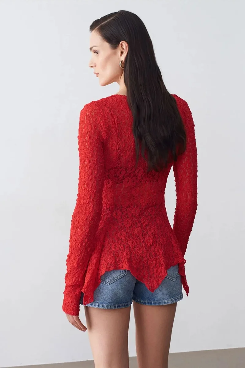 Dilvin Red DILVIN Lace V-Neck Button Cardigan for Women | Best Price UAE