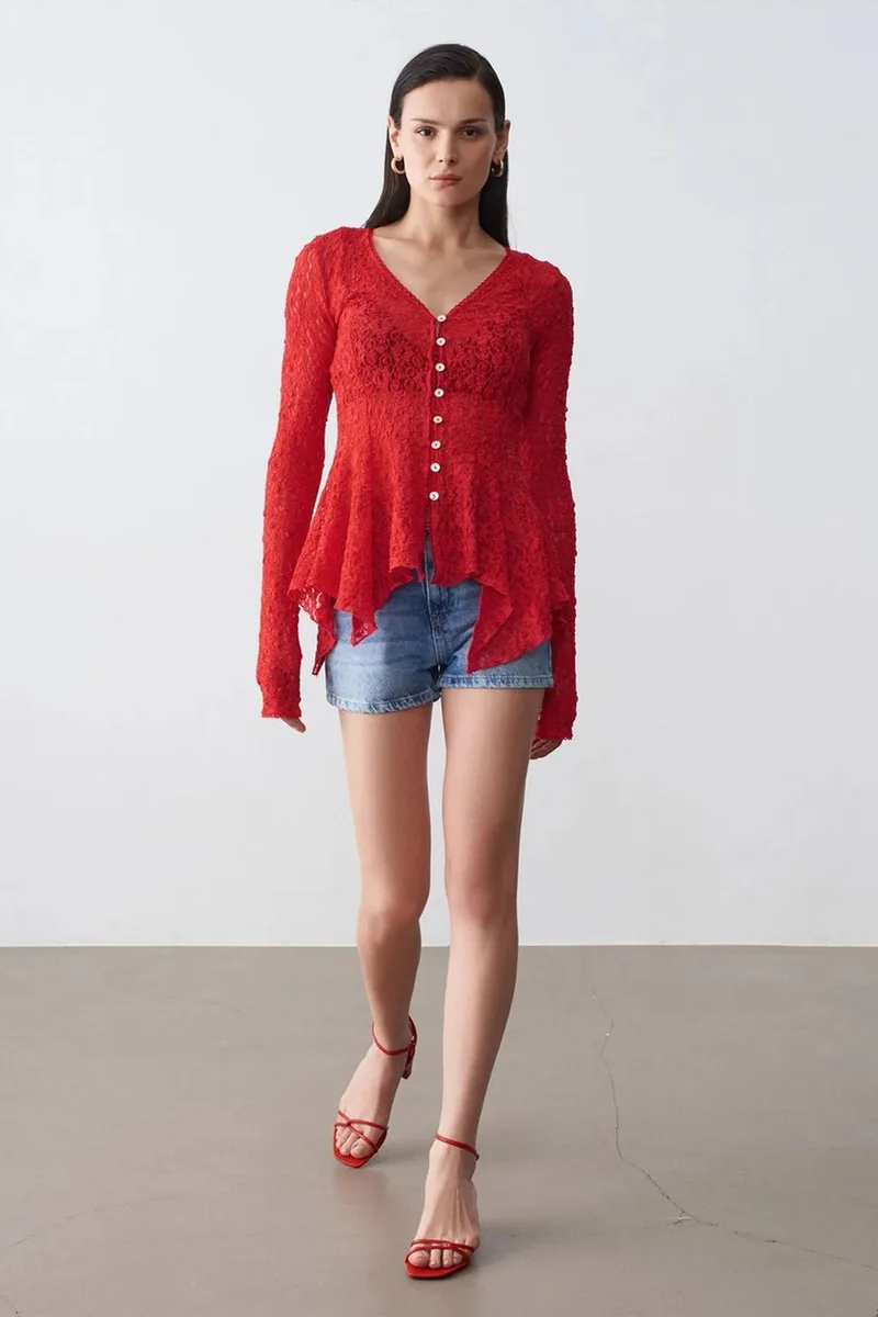 Dilvin Red DILVIN Lace V-Neck Button Cardigan for Women | Best Price UAE