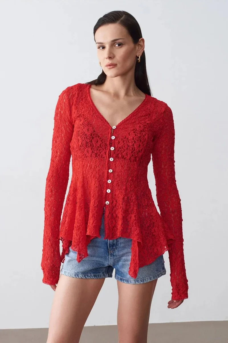 Dilvin Red DILVIN Lace V-Neck Button Cardigan for Women | Best Price UAE