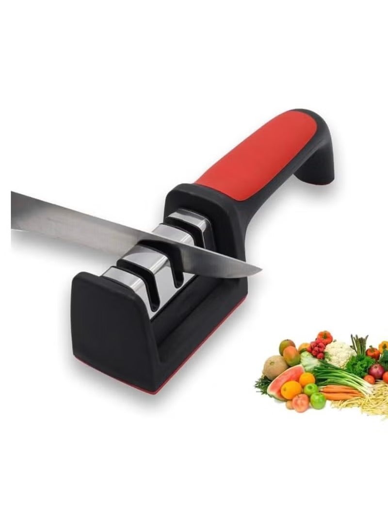 مبراة سكاكين يدوية 3 مراحل – أداة شحذ سريعة وآمنة للمطبخ – قاعدة غير قابلة للانزلاق ومقبض مريح – مناسبة للسكاكين المستقيمة والمسننة - Image 2