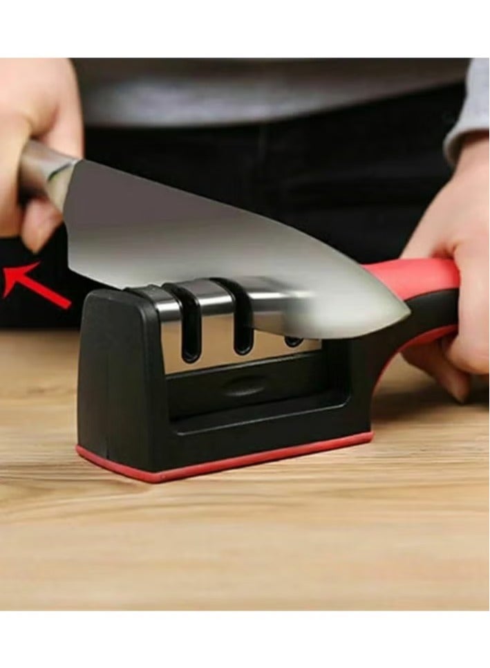 مبراة سكاكين يدوية 3 مراحل – أداة شحذ سريعة وآمنة للمطبخ – قاعدة غير قابلة للانزلاق ومقبض مريح – مناسبة للسكاكين المستقيمة والمسننة - Image 5