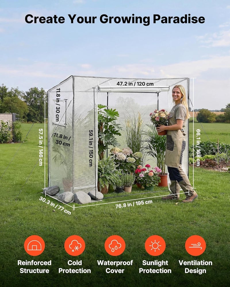 VEVOR Walk-in Greenhouse, 76.8" x 30.3" x 66.1" Greenhouse for Outdoors with Windows, PE Cover, Roll-Up Zipper Door, Walk in Green House Kit, Portable Plant Garden Hot House for Backyard, Outside - Image 2