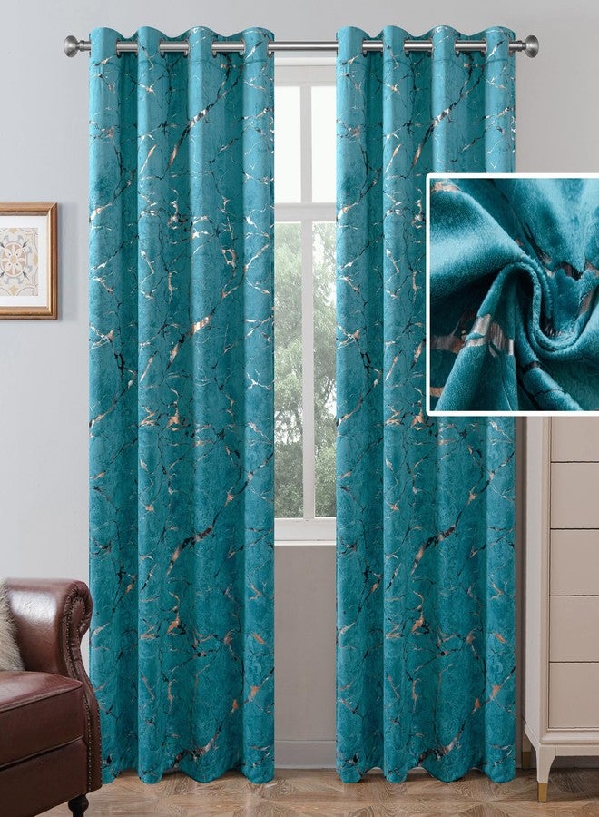 Petrichor Room Darkening Light Turquoise Grommet Marble Pattern Golden Foil Thermal Curtains, 2 Panels Set, 84 Inch Length for Bedroom and Living Room - Image 1