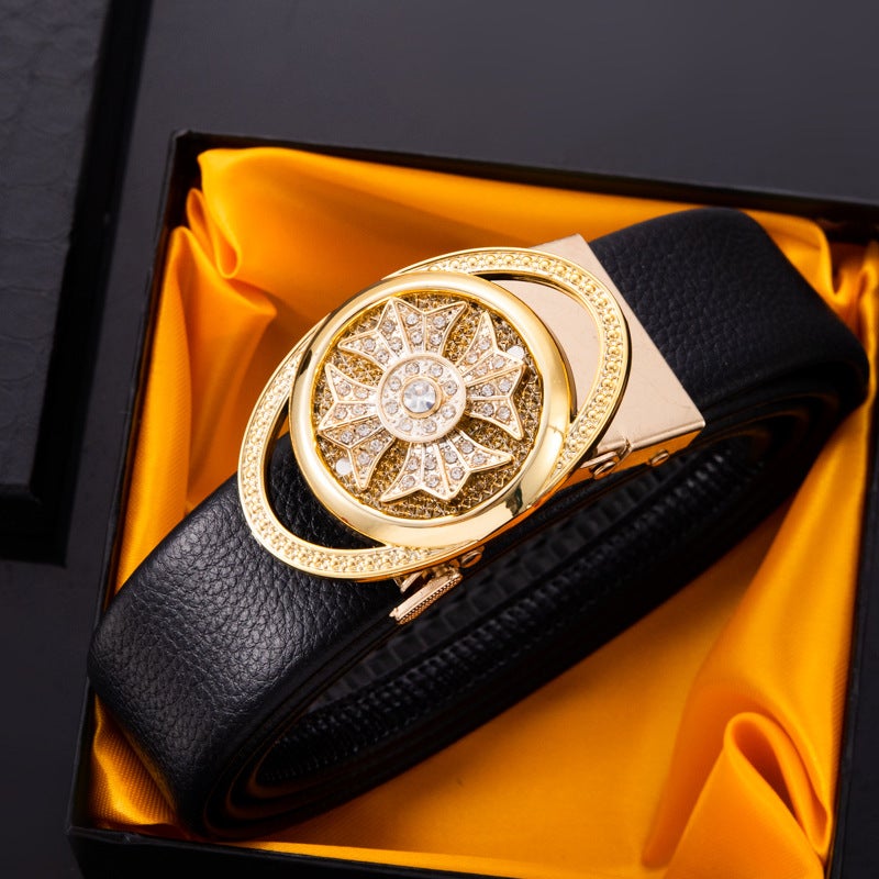 Mens Casual Business Belt with Diamond Automatic Buckle Star Gold Time to Run with Full Edge Belt-B