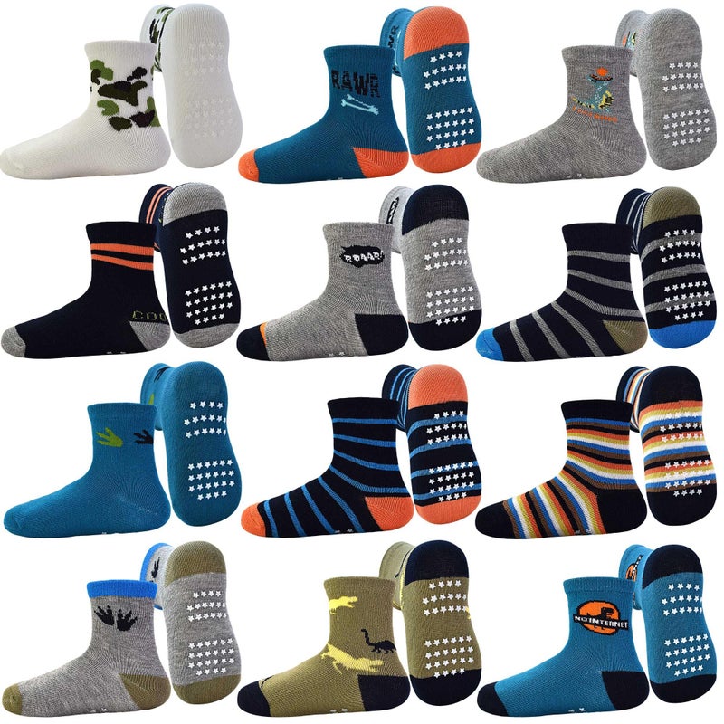 Tphon Toddler Baby Non Slip Socks Infant Anti Skid Socks with Grips 12 Pairs Crew Sock for 1-3 Years Kids Boys Girls - Image 1
