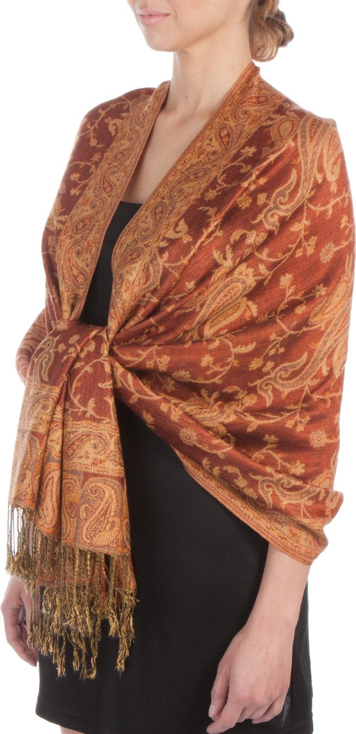 Sakkas Soft Silky Double Layer Jacquard Paisley Pashmina Shawl/Wrap/Scarf - Rust/Gold - Image 1