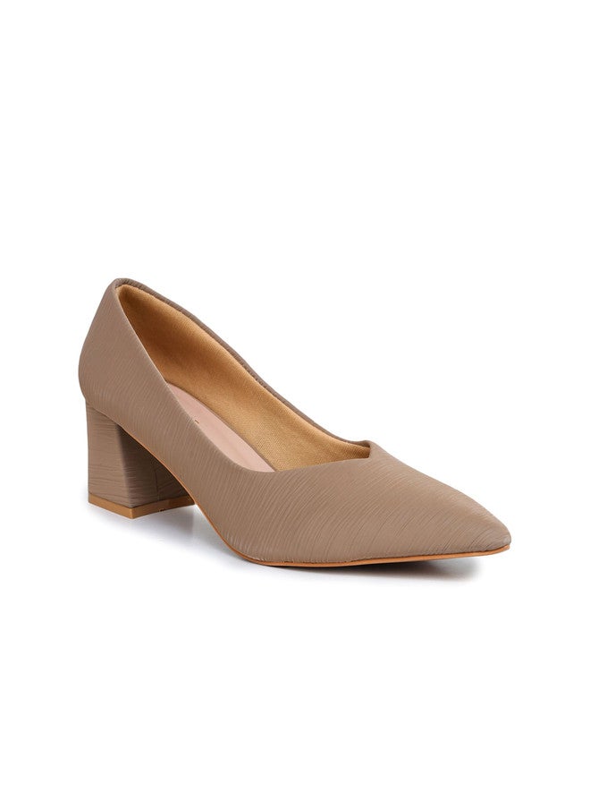 She Zone Beige Pointed Toe Block Heel Pumps for Women - Image 2