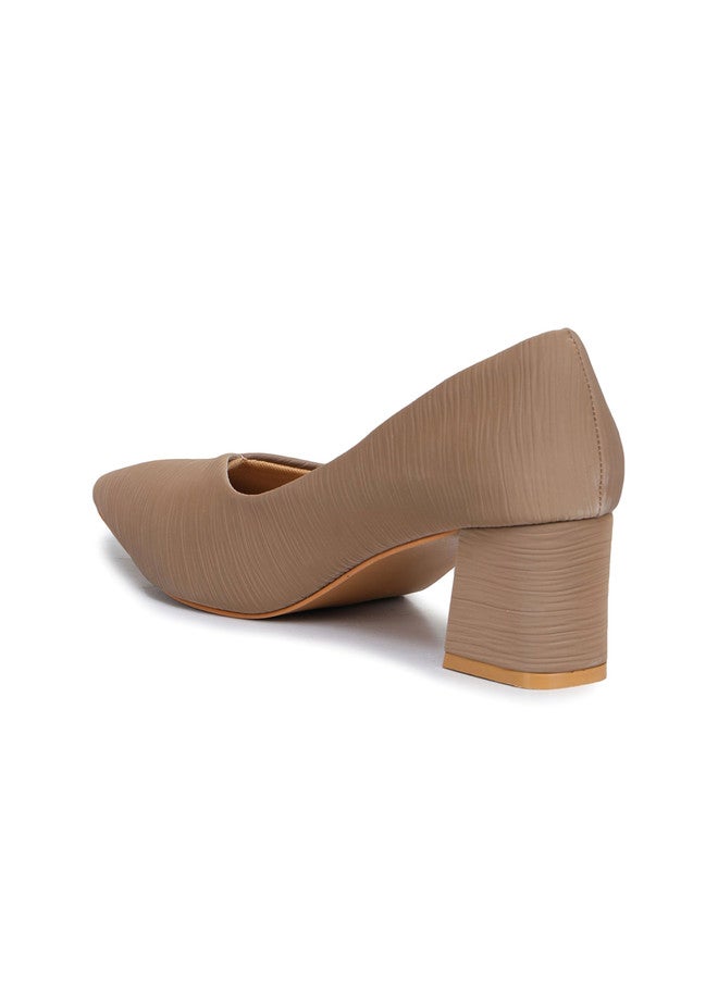 She Zone Beige Pointed Toe Block Heel Pumps for Women - Image 3