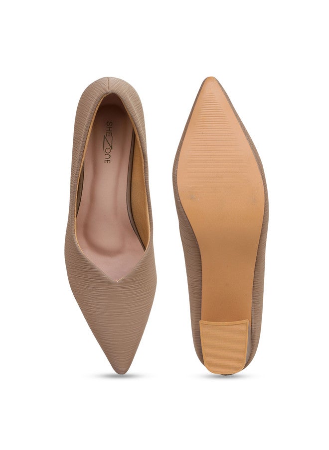 She Zone Beige Pointed Toe Block Heel Pumps for Women - Image 5