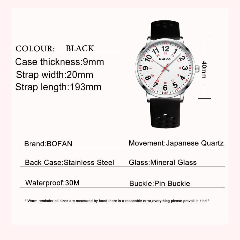 BOFAN Nurse Watch for Medical Professionals,Students,Doctors with Easy to Read Dial,Second Hand and 24 Hour,Soft and Breathable Black Silicone Band,Water Resistant - Image 5