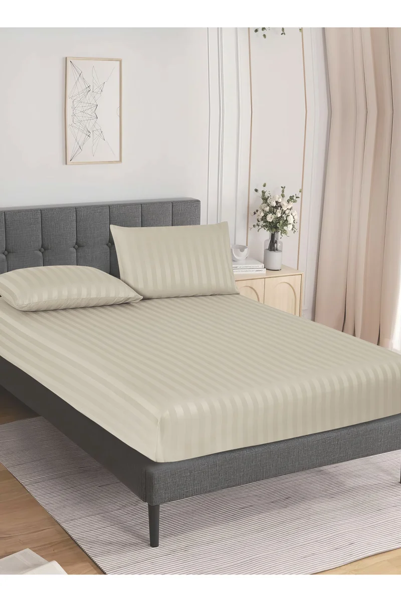 Donetella 3-Piece Striped Bedding Set – Queen Fitted Sheet 150x200+30 cm with All-Around Elastic &amp; 2 Matching Pillowcases