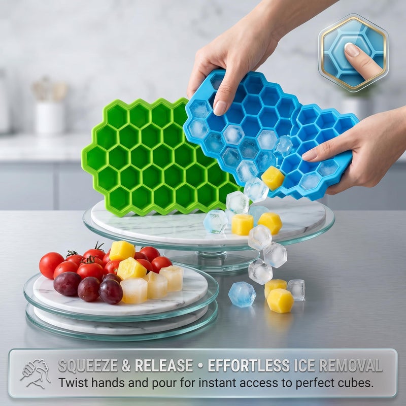 Flexible Silicone Ice Cube Tray, Honeycomb Design, 37 Cavity, Green and Blue, Pack of 2, for Freezer, Chocolate Cake Maker, for Chilled Drinks, Reusable - Image 3