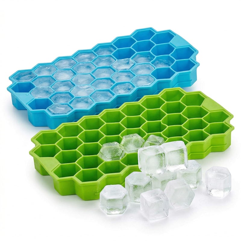 Flexible Silicone Ice Cube Tray, Honeycomb Design, 37 Cavity, Green and Blue, Pack of 2, for Freezer, Chocolate Cake Maker, for Chilled Drinks, Reusable - Image 1