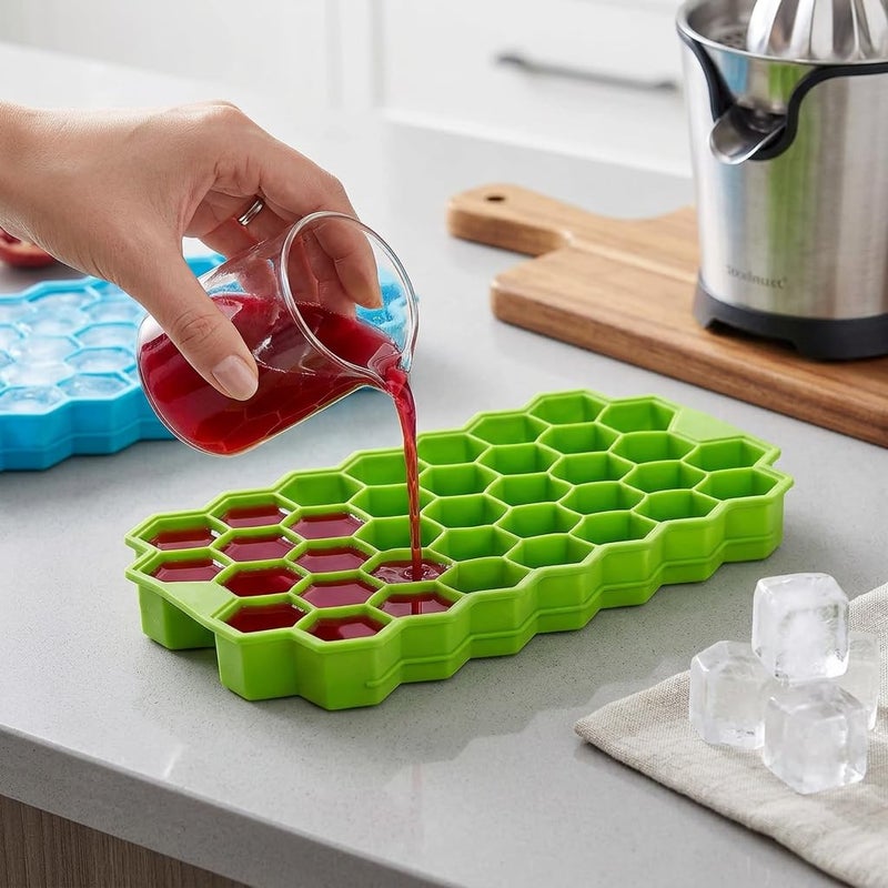 Flexible Silicone Ice Cube Tray, Honeycomb Design, 37 Cavity, Green and Blue, Pack of 2, for Freezer, Chocolate Cake Maker, for Chilled Drinks, Reusable - Image 2