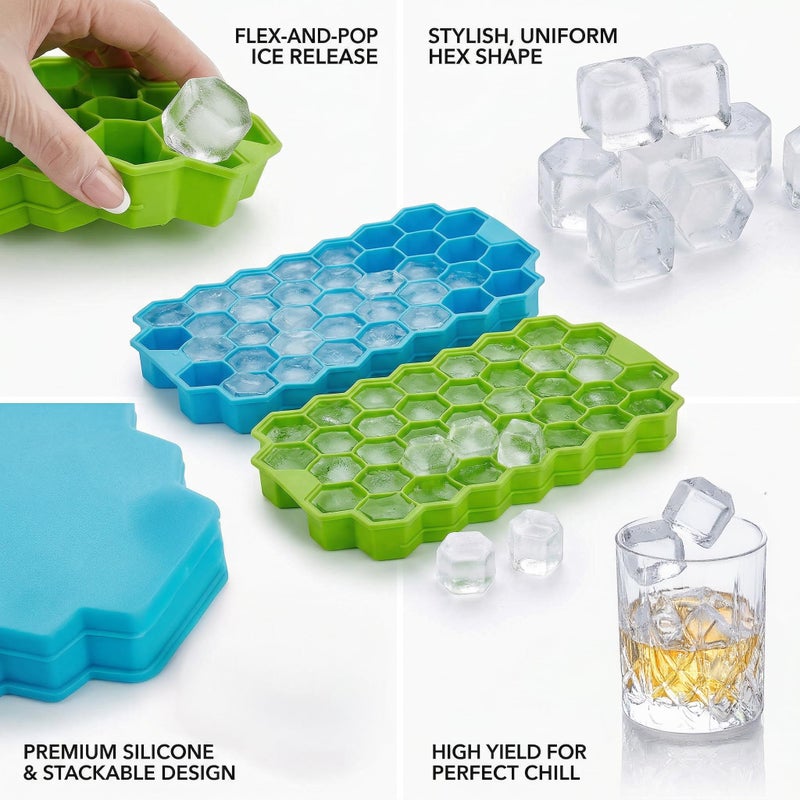 Flexible Silicone Ice Cube Tray, Honeycomb Design, 37 Cavity, Green and Blue, Pack of 2, for Freezer, Chocolate Cake Maker, for Chilled Drinks, Reusable - Image 4
