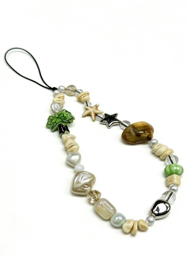 Mobile Phone Chain Decorated with Lovely Palm Tree White Heart Shaped Beads and Randomly Placed Shells - Image 1