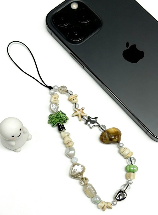 Mobile Phone Chain Decorated with Lovely Palm Tree White Heart Shaped Beads and Randomly Placed Shells - Image 2
