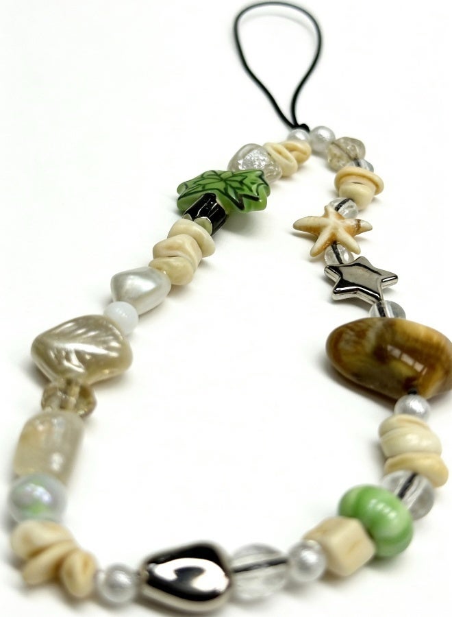 Mobile Phone Chain Decorated with Lovely Palm Tree White Heart Shaped Beads and Randomly Placed Shells - Image 3