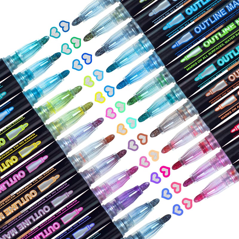 Glitter Markers Outline Pens Metallic 24 Double Line Outline MarkersSelf Outlining Glitter Pens Adult Coloring Gel Sparkle Outliner ShimmerTeen Gifts Drawing Art Supplies Craft Cool Fun Magic Stuff