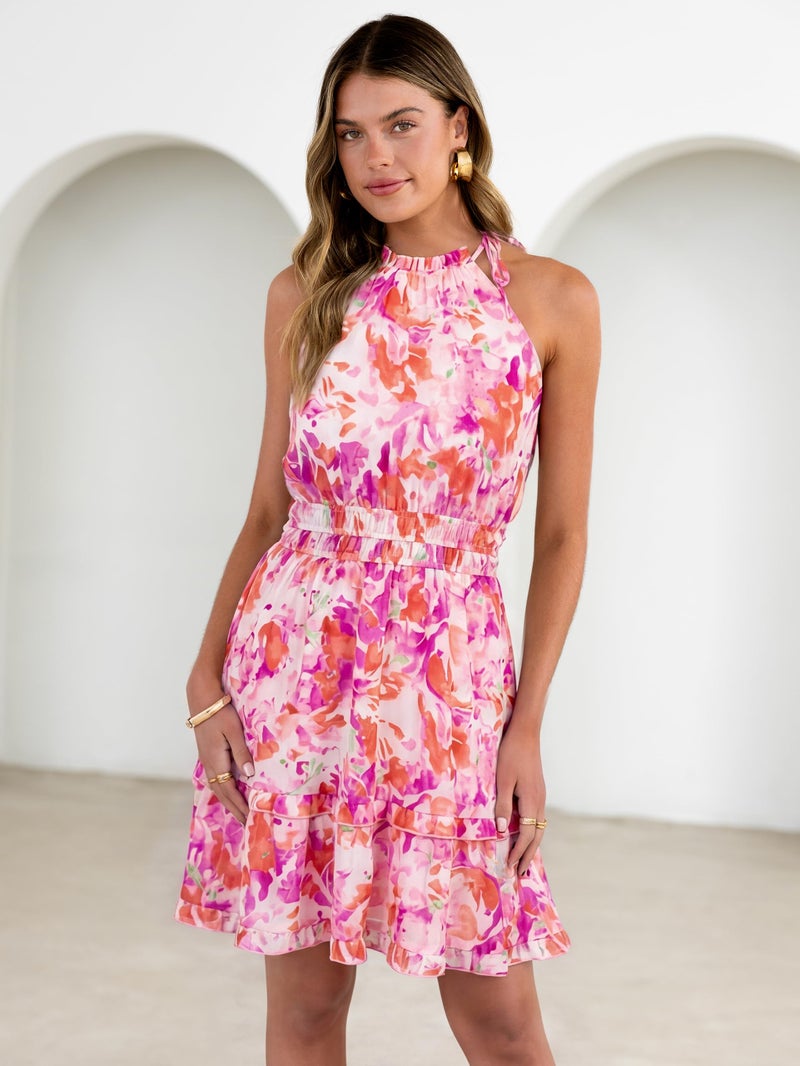 Simplee Womens Floral Summer Halter Dress Chiffon Boho Ruffle High Waist Short Sundress Hawaii Beach Vacation Clothes Pink Orange S - Image 2