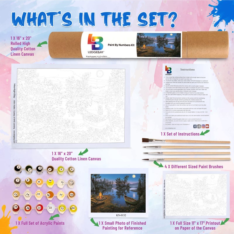 Ledgebay DIY Paint by Numbers Kit for Adults Unframed Canvas: Beginner to Advanced Paint by Numbers Kit Kits Include Acrylic Paint Set 4 Brushes & Tabletop Easel (Moonlight Bay 16" x 20" Unframed) - Image 2