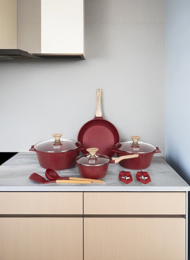 MGC 13-piece granite-coated kitchenware set, non-stick and free of PFOA/PFOS/APEO, 1 milk pan with a lid of 18 cm, 1 soup pan with a lid of 24 cm or 28 cm, 1 round frying pan with a lid of 28 cm, 2 tableware (silicone cooking spatula + silicone spoon), 4 heat-resistant ear muffs, red - Image 2