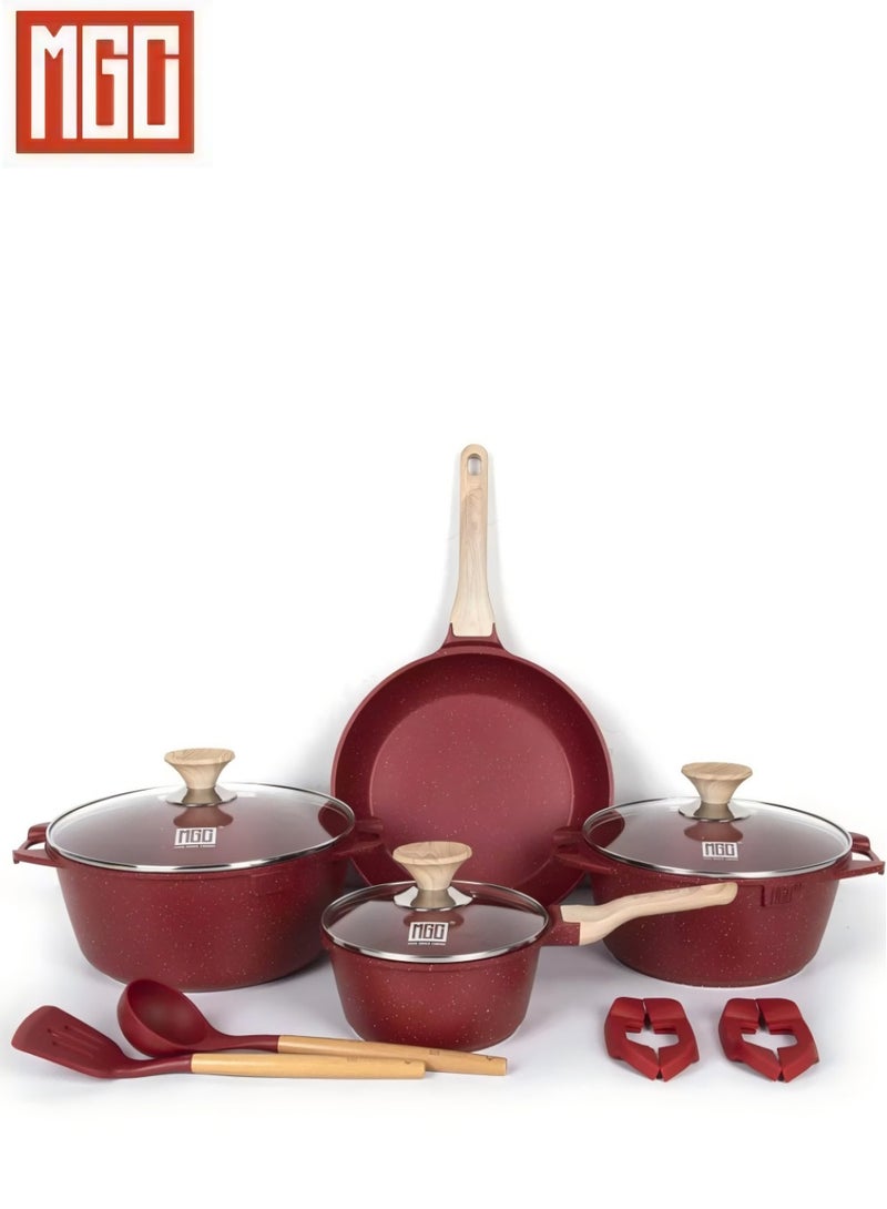 MGC 13-piece granite-coated kitchenware set, non-stick and free of PFOA/PFOS/APEO, 1 milk pan with a lid of 18 cm, 1 soup pan with a lid of 24 cm or 28 cm, 1 round frying pan with a lid of 28 cm, 2 tableware (silicone cooking spatula + silicone spoon), 4 heat-resistant ear muffs, red - Image 1