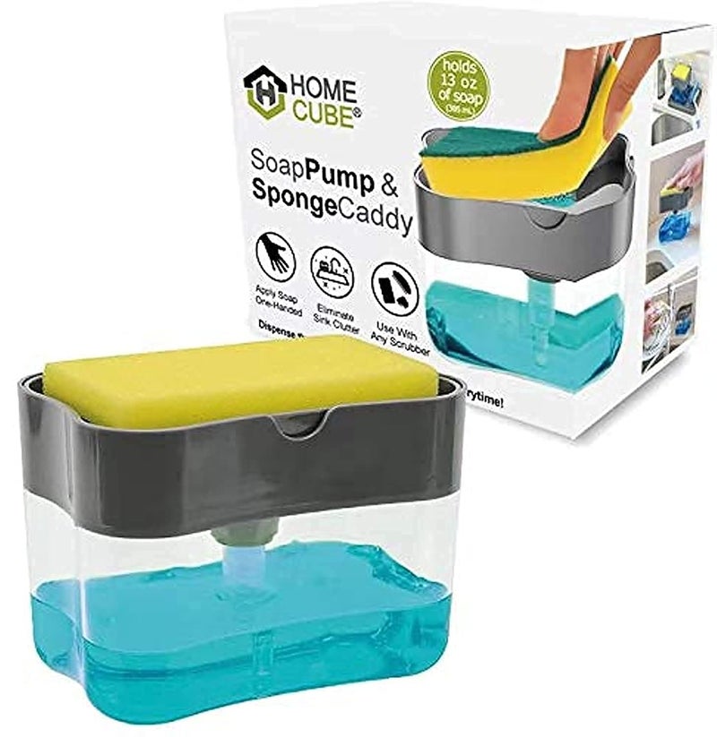 HOME CUBE 2 in 1 Soap Pump plastic Dispenser for Dishwasher Liquid Holder (Clear Bottom Stand 385ml) Free Sponge
