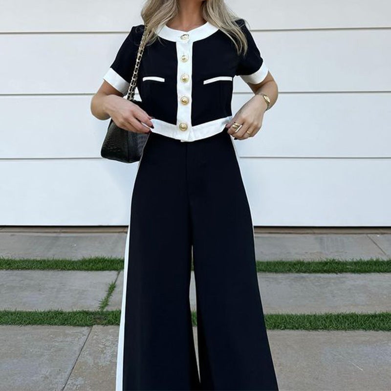 2024  Autumn and Winter New Cross-border Womens Fashion Elegant Black Cardigan Top Straight Pants Two-piece Set Black - Image 1