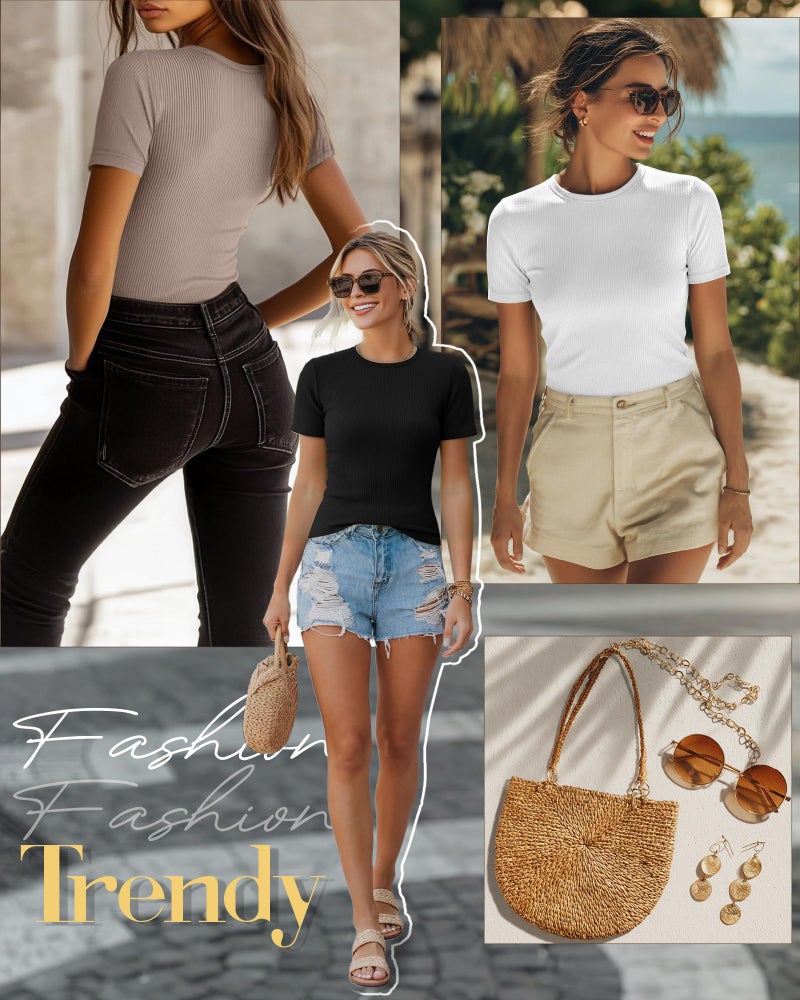 Ficerd 3 Pack Women's Ribbed T-Shirts, Cotton Short Sleeve Basic Tees Crewneck Fitted Tops Casual Shirts 2026 Summer Trendy(Black, White, Khaki,Small) - Image 3