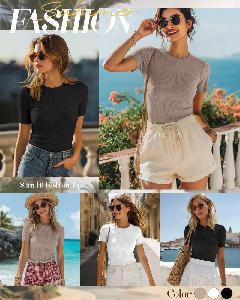 Ficerd 3 Pack Women's Ribbed T-Shirts, Cotton Short Sleeve Basic Tees Crewneck Fitted Tops Casual Shirts 2026 Summer Trendy(Black, White, Khaki,Small) - Image 4