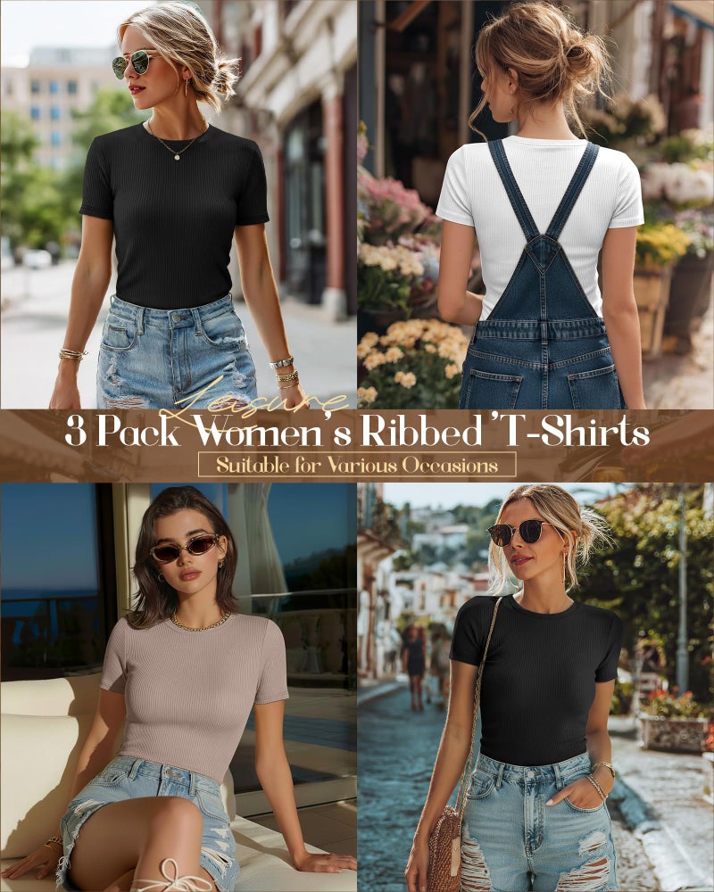 Ficerd 3 Pack Women's Ribbed T-Shirts, Cotton Short Sleeve Basic Tees Crewneck Fitted Tops Casual Shirts 2026 Summer Trendy(Black, White, Khaki,Small) - Image 2