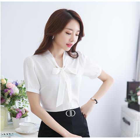 2017 Chiffon Shirt Women Long Sleeve White Slim Fit Bow Tie Plus Size White short sleeve 