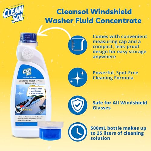 Cleansol Premium Windshield Washer Fluid Concentrate - 1 Litre | Car Windshield Washer Cleaner Liquid - 20mL Makes 1L | Anti-Freeze Formula | Streak-Free Shine | Includes Measuring Cap - Image 3