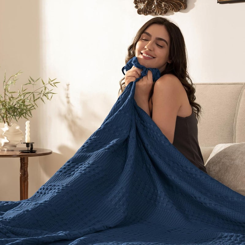 PHF Bamboo Cotton Waffle  Blanket Queen(228 cm x 228 cm)  for Couch, Bed, Snag Proof for Spring Summer Lightweight Breathable, Navy Blue - Image 5