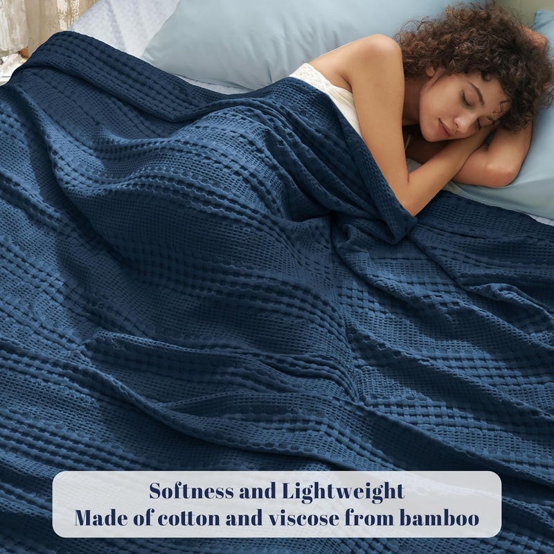 PHF Bamboo Cotton Waffle  Blanket Queen(228 cm x 228 cm)  for Couch, Bed, Snag Proof for Spring Summer Lightweight Breathable, Navy Blue - Image 2