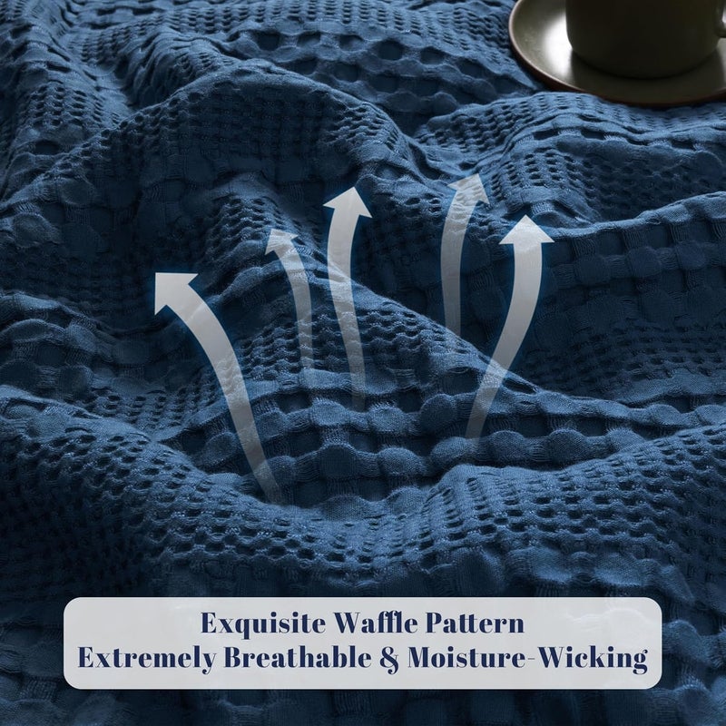 PHF Bamboo Cotton Waffle  Blanket Queen(228 cm x 228 cm)  for Couch, Bed, Snag Proof for Spring Summer Lightweight Breathable, Navy Blue - Image 4