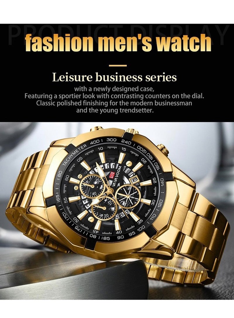 VA VA VOOM Men's Fashion Waterproof Stainless Steel Business Analog Quartz Watch - Gold - Image 2