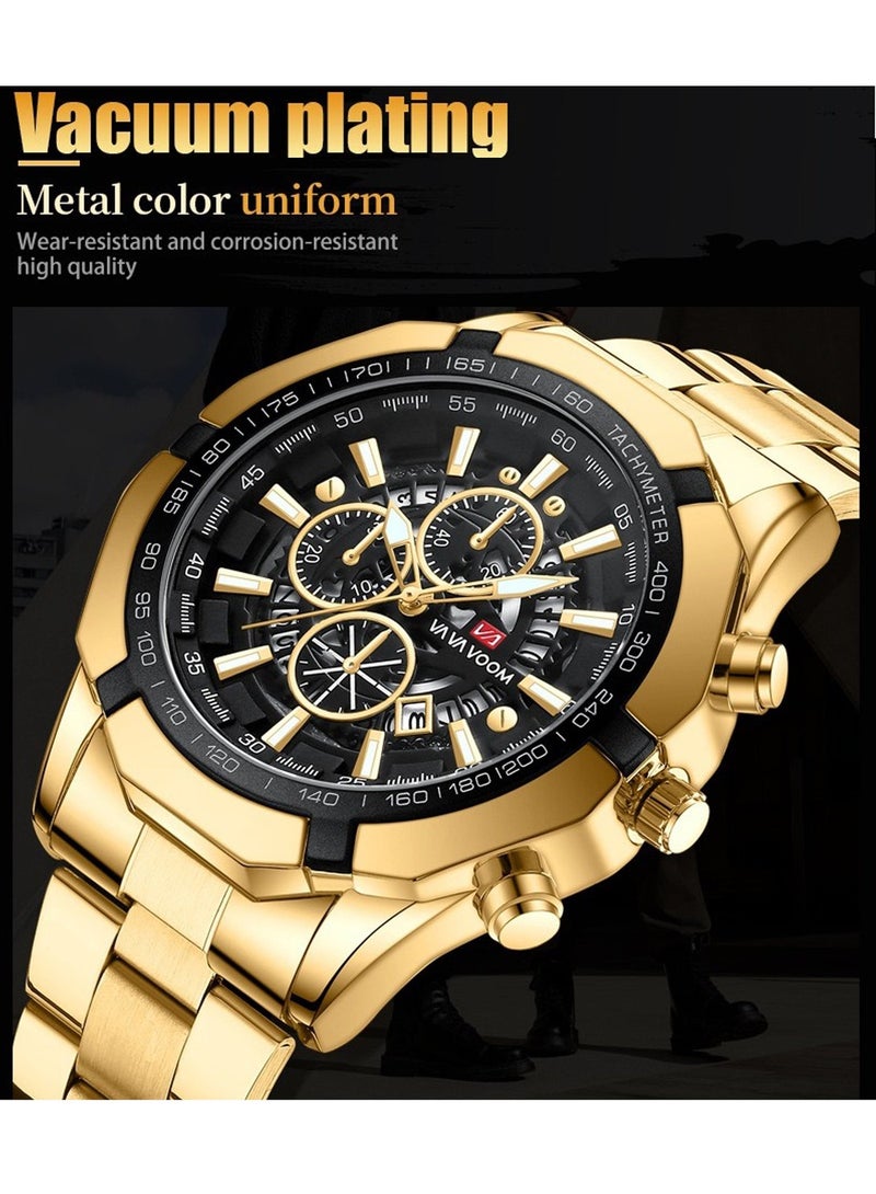 VA VA VOOM Men's Fashion Waterproof Stainless Steel Business Analog Quartz Watch - Gold - Image 3