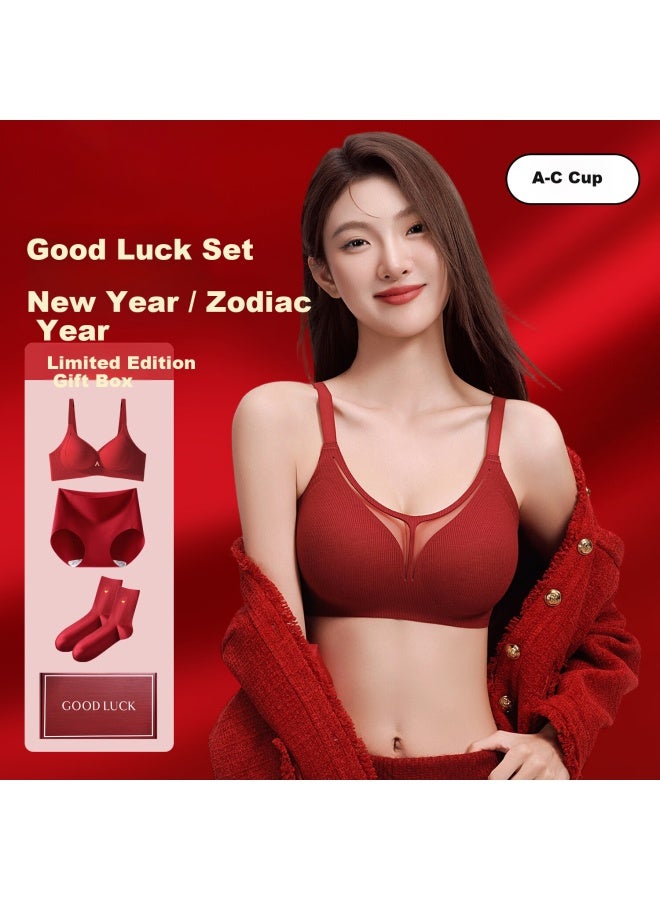 Yuzhaolin Red Underwear Set For Women, Year Of Birth Edition, Small Chest Push-up Bridal Lingerie, Bra And Panties Set - Image 1