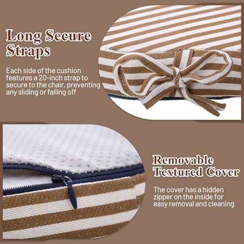 PRONOUS Brown Striped Winsor Chair Cushions with Ties, Dining Kitchen Chair Seat Pads Non Slip Removable Washable Cover 17"x16" Set of 2 - Image 4