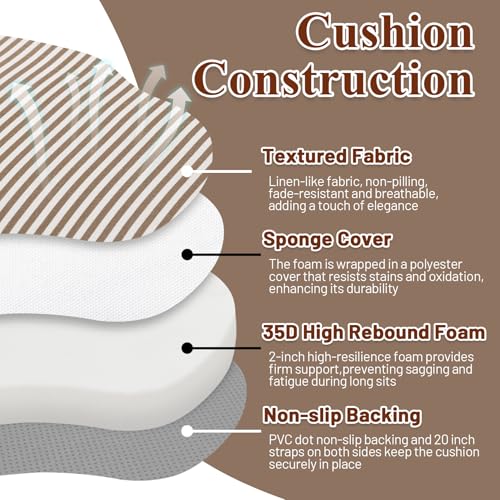 PRONOUS Brown Striped Winsor Chair Cushions with Ties, Dining Kitchen Chair Seat Pads Non Slip Removable Washable Cover 17"x16" Set of 2 - Image 3